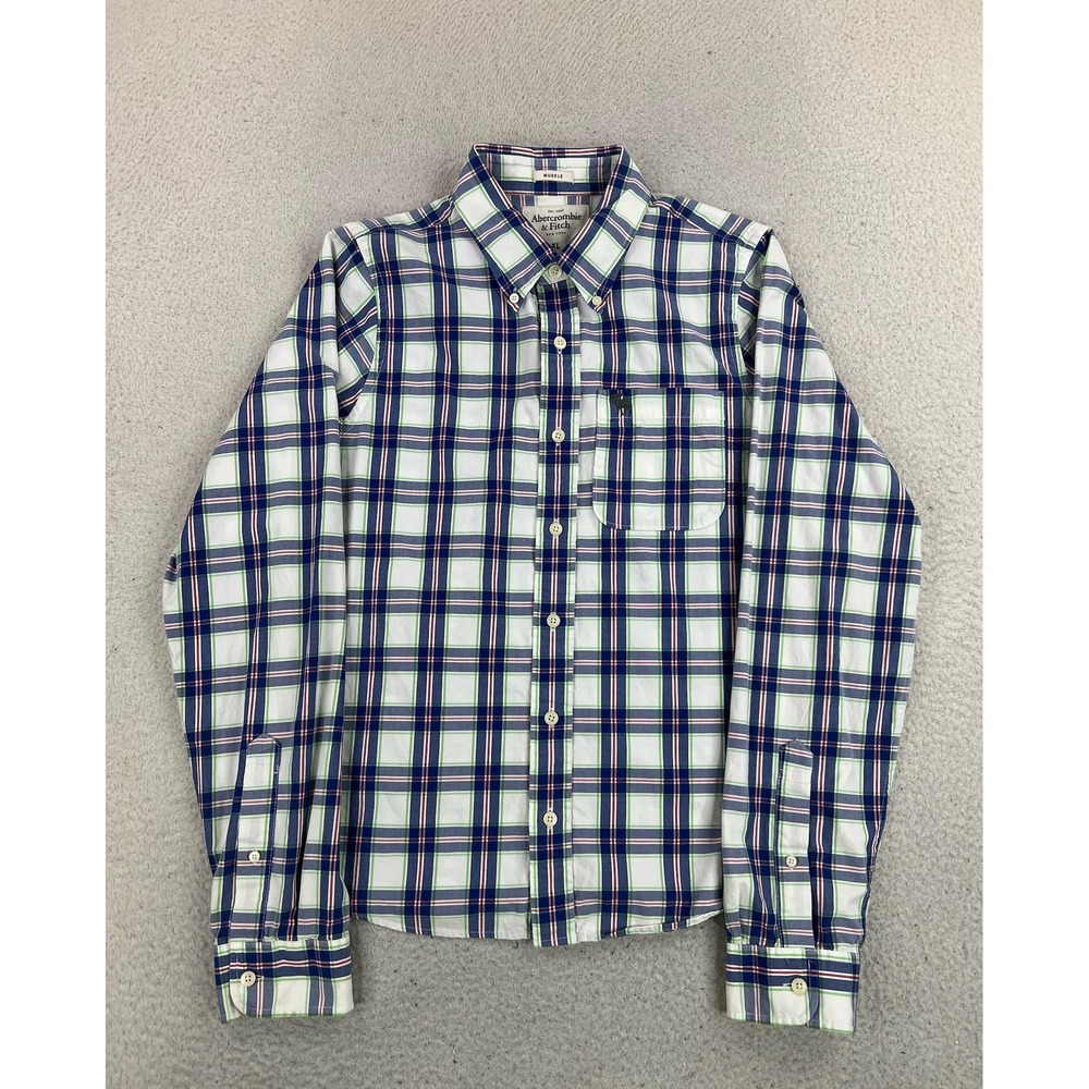 Abercrombie & Fitch Shirt Mens XL Blue Plaid Muscle Fit Long Sleeve Button Up